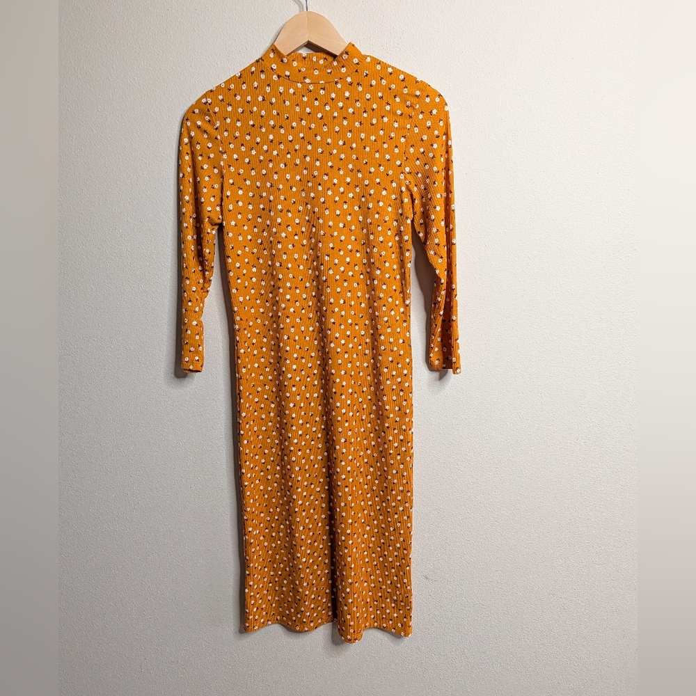 Velvet Torch‎ Ribbed Midi L Dress Mustard Orange Floral Mock Boho Cottagecore